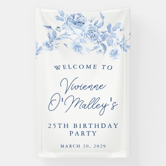 Birthday Banner 25th Birthday Party Blue Floral (Verticaal)