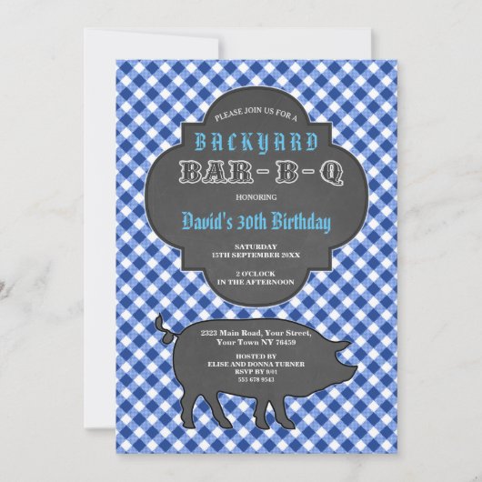 Birthday BARBEQUE Chalk Blue Gingham Invitation Kaart (Voorkant)