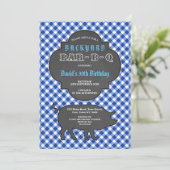 Birthday BARBEQUE Chalk Blue Gingham Invitation Kaart (Staand voorkant)