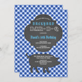 Birthday BARBEQUE Chalk Blue Gingham Invitation Kaart (Voorkant / Achterkant)
