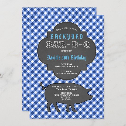 Birthday BARBEQUE Chalk Blue Gingham Invitation Kaart (Voorkant / Achterkant)