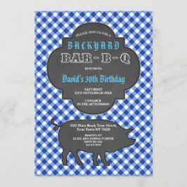 Birthday BARBEQUE Chalk Blue Gingham Invitation Kaart