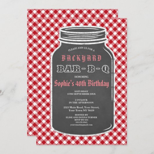 Birthday BARBEQUE Mason Jar Gingham Uitnodiging (Voorkant / Achterkant)