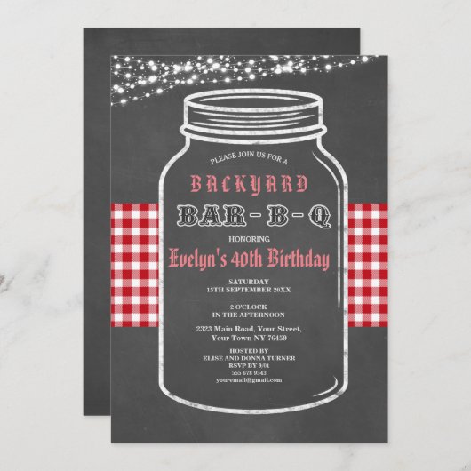 Birthday BARBEQUE Mason Jar Red Gingham Uitnodigin Kaart (Voorkant / Achterkant)