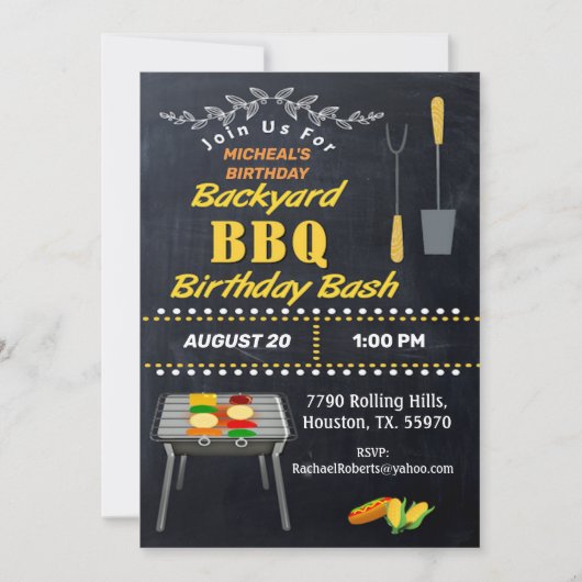 Birthday Bash Chalkboard Backyard Barbecue Invita Kaart (Voorkant)
