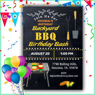 Birthday Bash Chalkboard Backyard Barbecue Invita Kaart