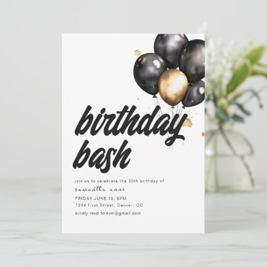 Birthday Bash Invitation Sjabloon met ballonnen Kaart (Staand voorkant)
