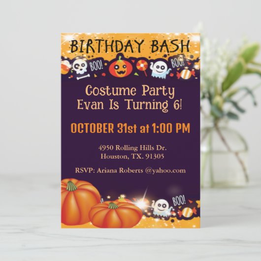 Birthday Bash Kind Halloween Feestuitnodiging Kaart (Staand voorkant)