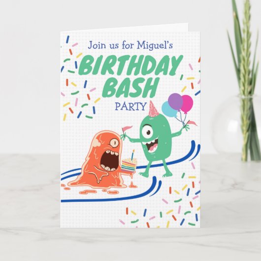Birthday Bash Party met Funny Monsters en Cake Kaart (Voorkant)