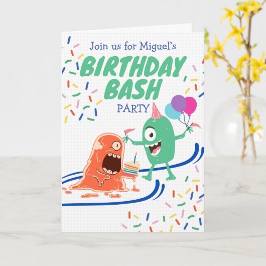 Birthday Bash Party met Funny Monsters en Cake Kaart (Gele Bloem)
