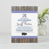 Birthday BBQ Any Age Blue Hog Roast Wood Invite Kaart (Staand voorkant)