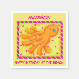 Birthday Beach Name Personalised Octopus Yellow Servetten