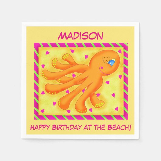 Birthday Beach Name Personalised Octopus Yellow Servetten (Voorkant)