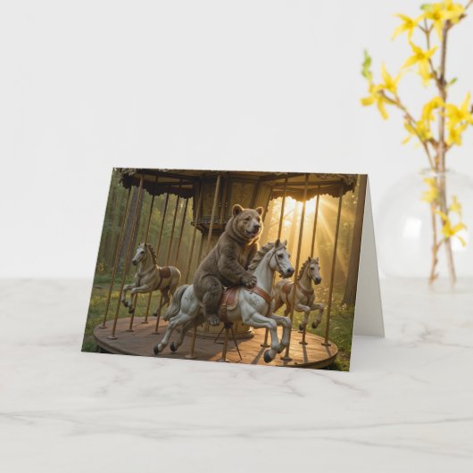 Birthday Bear Riding on a Carousel Kaart (Gele Bloem)