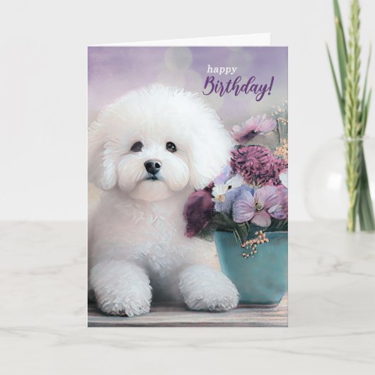Birthday Bichon Frise Dog with Purple Flowers Kaart (Voorkant)