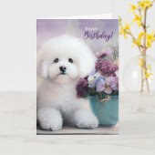 Birthday Bichon Frise Dog with Purple Flowers Kaart (Gele Bloem)