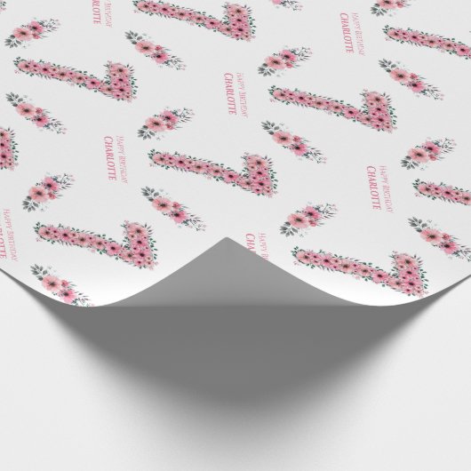 Birthday Big 7th Girl Pink Flowers Green Foliage Cadeaupapier (Hoek)