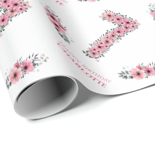 Birthday Big 7th Girl Pink Flowers Green Foliage Cadeaupapier (Rol Hoek)
