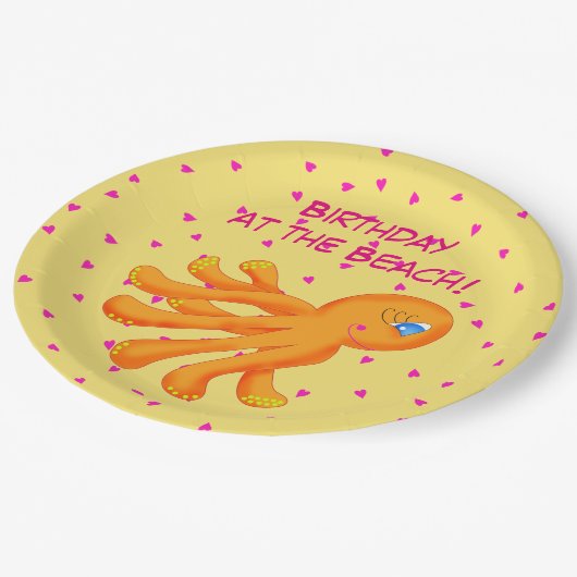 Birthday bij de "Beach Whimsy Octopus Yellow Oranj Papieren Bordje (Gekanteld)