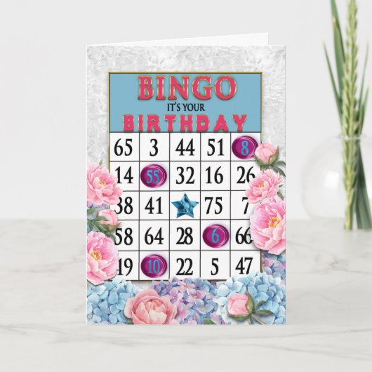 Birthday Bingo Kaart en Roze Blauwe Bloemen (Voorkant)