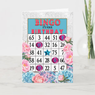 Birthday Bingo Kaart en Roze Blauwe Bloemen