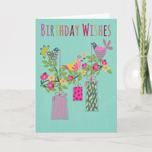 Birthday Birds with Presents on a Branch Kaart (Voorkant)