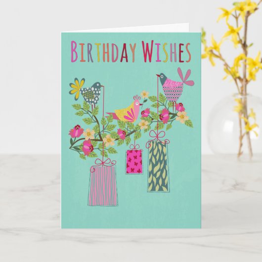 Birthday Birds with Presents on a Branch Kaart (Gele Bloem)