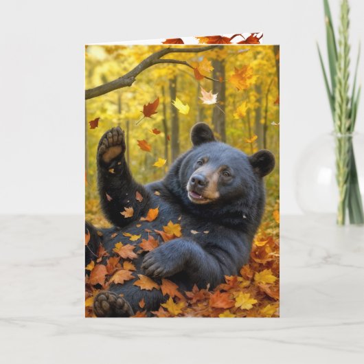 Birthday Black Bear Rolling In Autumn Leaves Kaart (Voorkant)