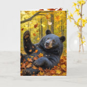 Birthday Black Bear Rolling In Autumn Leaves Kaart (Gele Bloem)