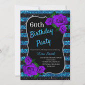 Birthday Black Blue Stripes Glitter Paarse Rozen Kaart (Voorkant)
