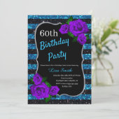 Birthday Black Blue Stripes Glitter Paarse Rozen Kaart (Staand voorkant)