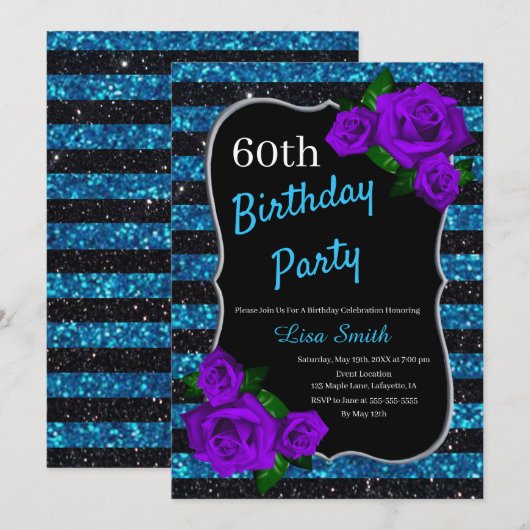 Birthday Black Blue Stripes Glitter Paarse Rozen Kaart (Voorkant / Achterkant)