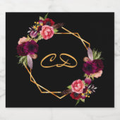 Birthday Black burgundy floral monogram initiaal Sparkling Wijnetiket (Enkel label)