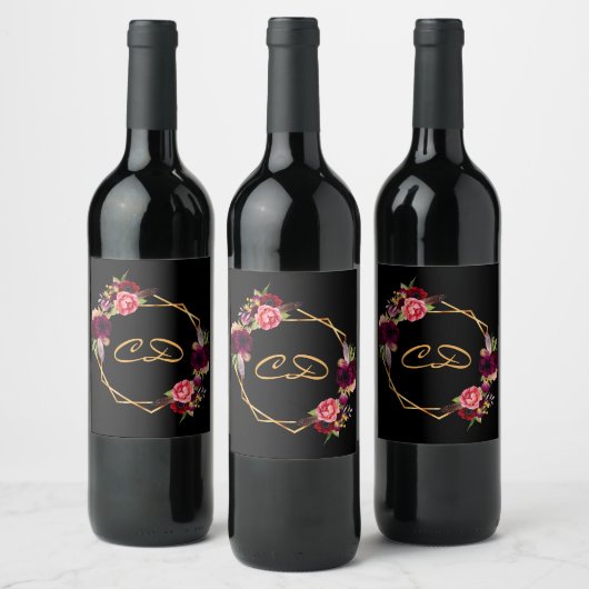 Birthday Black burgundy floral monogram initiaal Wijn Etiket (Flessen)