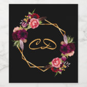 Birthday Black burgundy floral monogram initiaal Wijn Etiket (Enkel label)