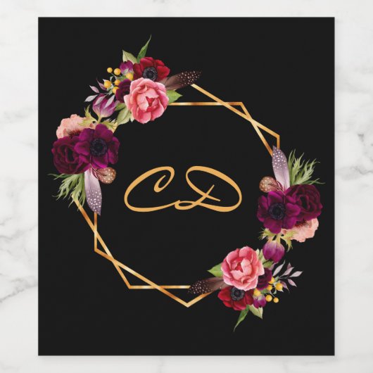Birthday Black burgundy floral monogram initiaal Wijn Etiket (Enkel label)