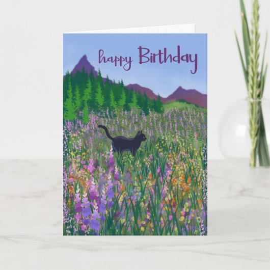 Birthday Black Cat and Wildflowers Kaart (Voorkant)