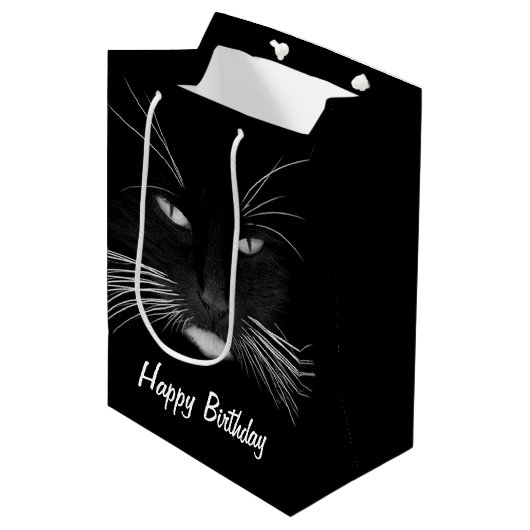 Birthday Black Cat Face Medium Cadeauzakje (Voorkant Gekanteld)