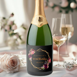 Birthday Black floral gold geomburgunde Sparkling Wijnetiket