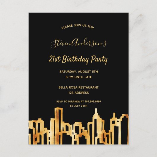 Birthday Black gold city skyline uitnodiging (Voorkant)