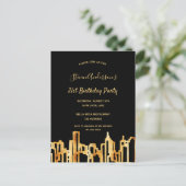 Birthday Black gold city skyline uitnodiging (Staand voorkant)