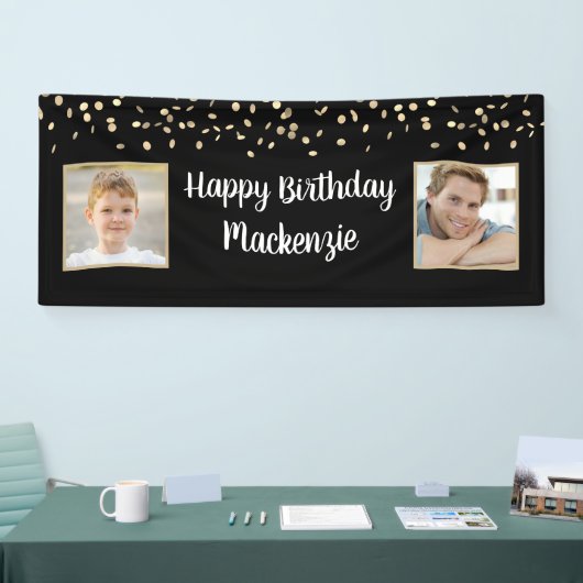 Birthday Black Gold Confetti 2-fotoscript Spandoek (Beurs)
