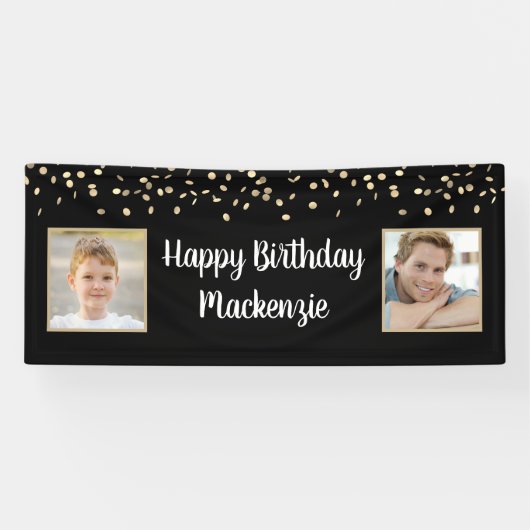 Birthday Black Gold Confetti 2-fotoscript Spandoek (Horizontaal)