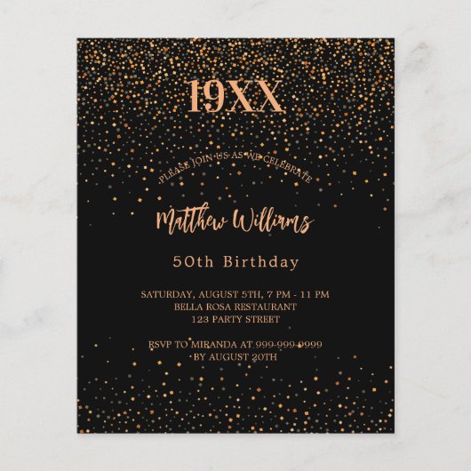 Birthday black gold confetti budget uitnodiging flyer (Voorkant)