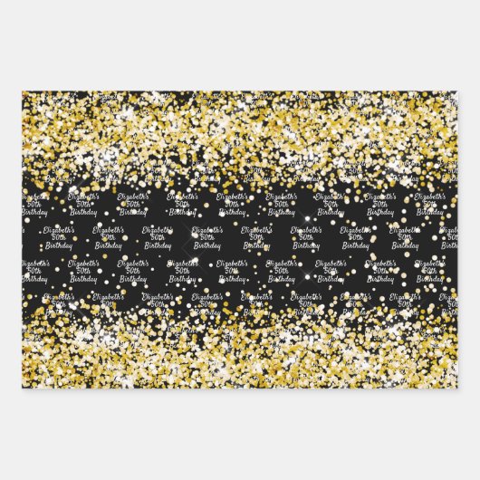 Birthday black gold confetti name inpakpapier vel (Voorkant)