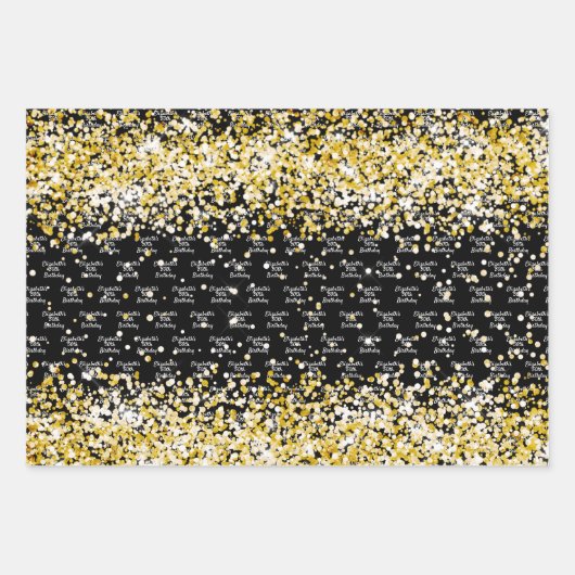Birthday black gold confetti name inpakpapier vel (Voorkant 3)