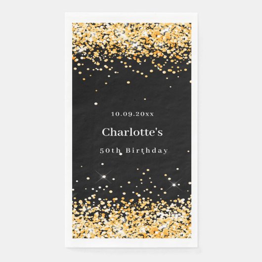 Birthday black gold confetti name servet (Voorkant)