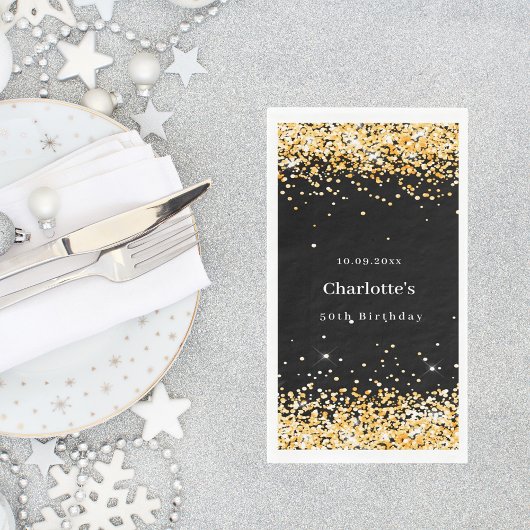 Birthday black gold confetti name servet