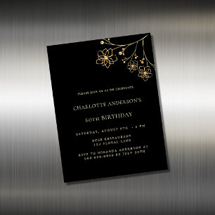 Birthday Black gold floral magnet uitnodiging