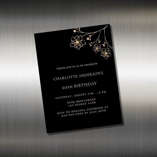 Birthday Black gold floral magnet uitnodiging